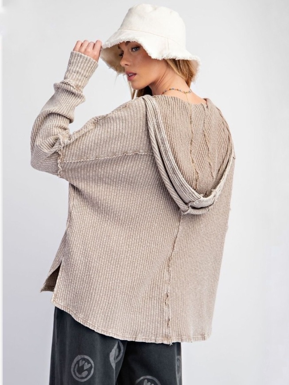 Easel Washed Novelty Ribbed Knit Hoodie Pullover Top in Taupe Beige Size Medium - Picture 2 of 6